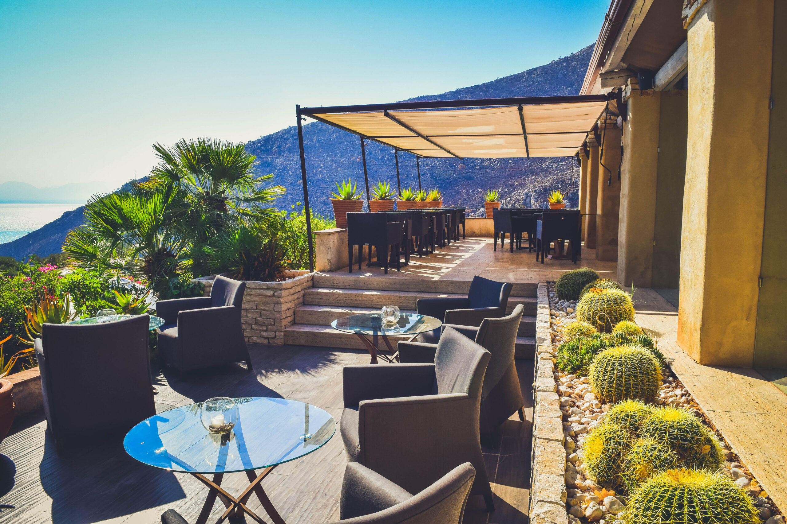 dining area and lounge Hotel Baglio La Porta Sicilia near San Vito Lo Capo Riserva dello Zingaro Private exclusive resort cliffs best of sicily sicilia hidden gem off the beaten path luxury