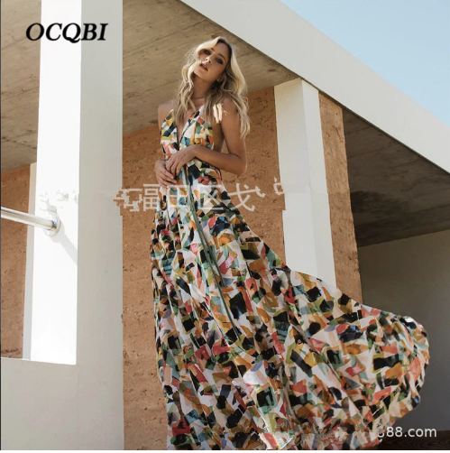 Summer Vintage Print Backless Maxi Dress