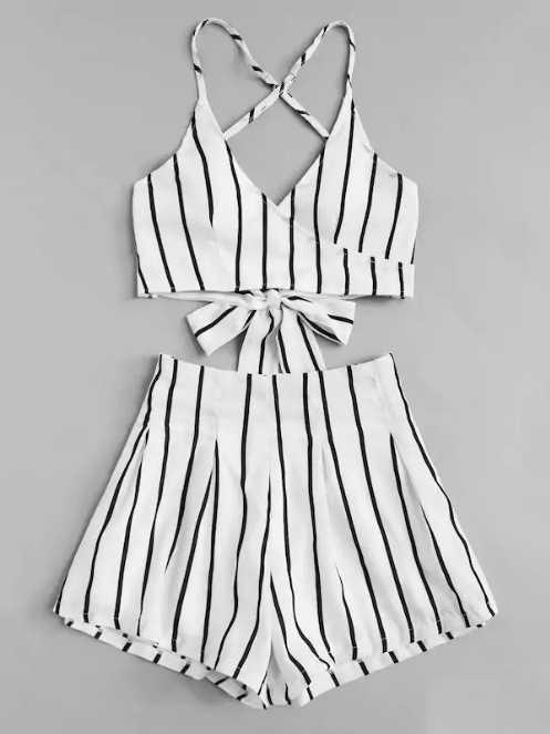 Shein Striped Bow Tie Open Back Crop Cami With Shorts