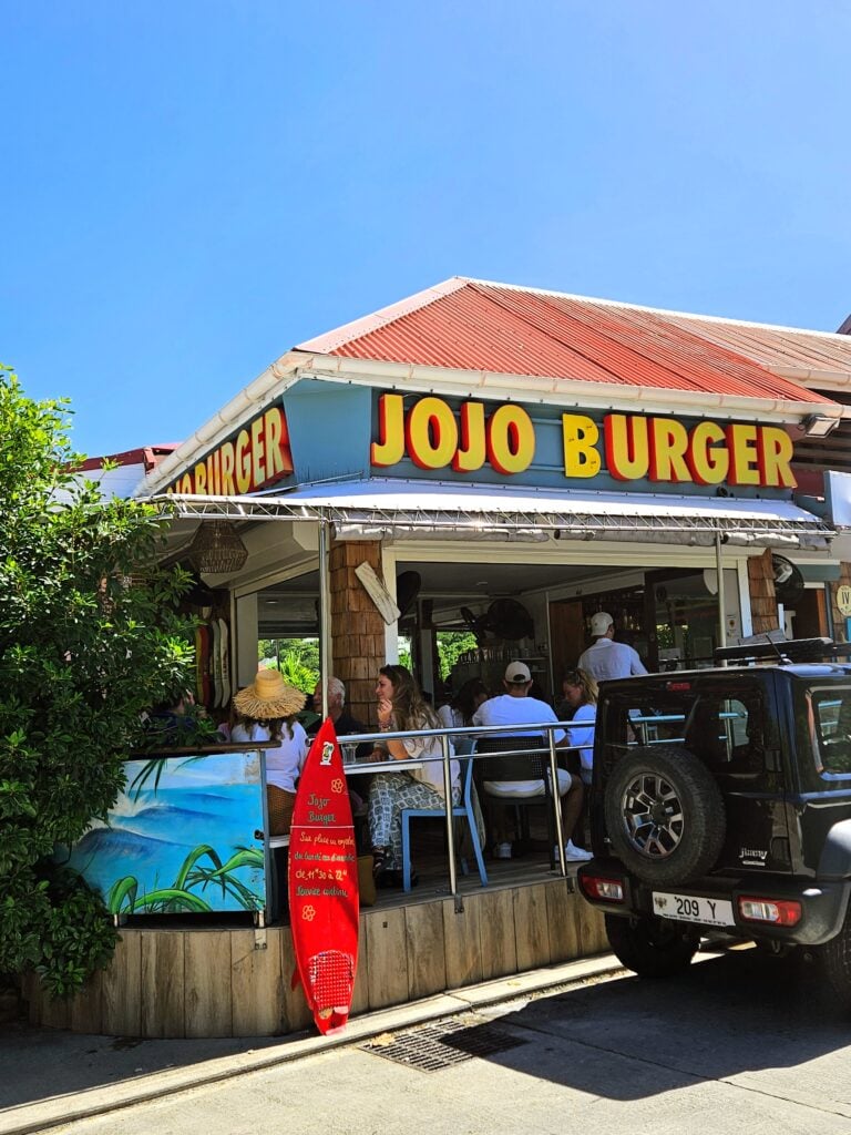 A casual roadside burger shack at Jojo's Burger in Lorient St. Barts—a local favorite for a post-beach meal.